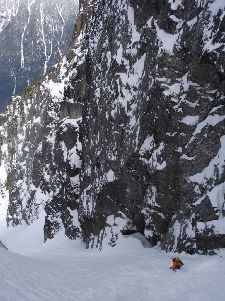 Making our way down the lower section of the Slot Couloir on Snoqualmie Mountain