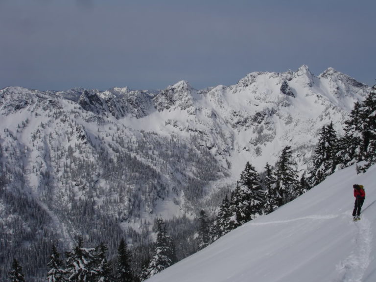 Heading up Phantom Trees with Chair Peak with the Alpental Backcountry behind us