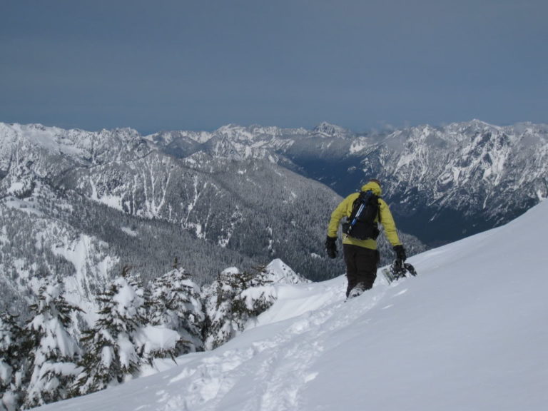 Boot packing towards the entrance to the Slot Couloir