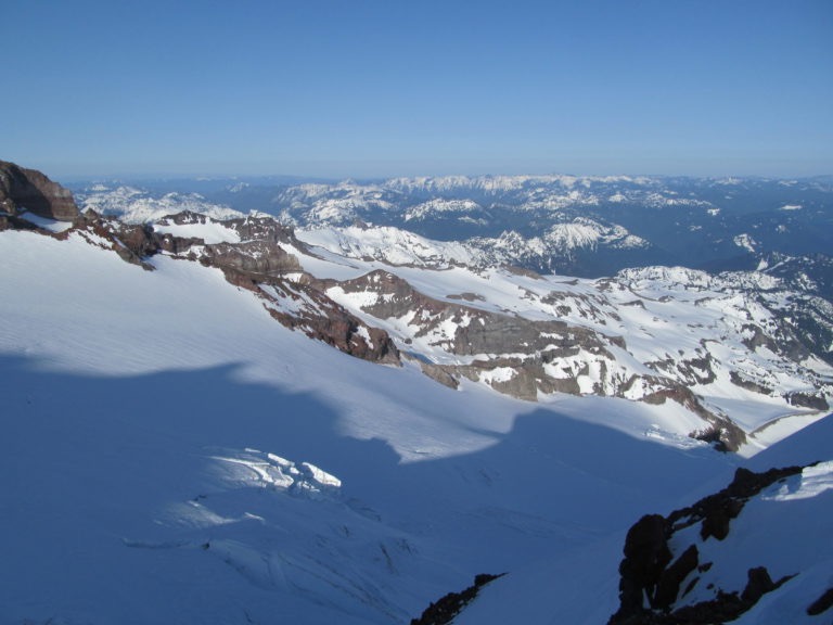 Looking down onto the Cowlitz Glacier from Camp Muir before riding the Fuhrer Finger