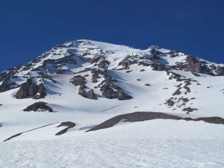 after breaking camp skiing back down Van Trump Park