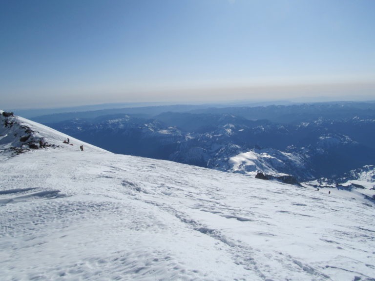 Hanging out on the Summit of Rainier waiting for the snow to corn up before riding the Fuhrer Finger