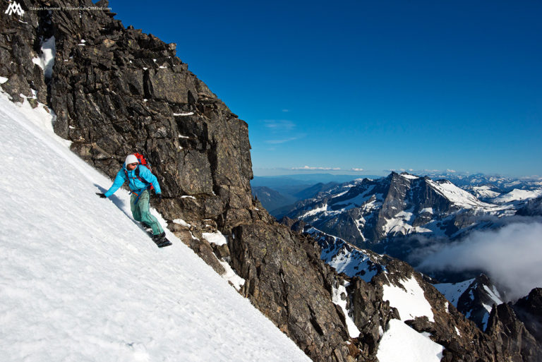 Snowboarding down Fortress Mountain near Trinity during the Suiattle Traverse