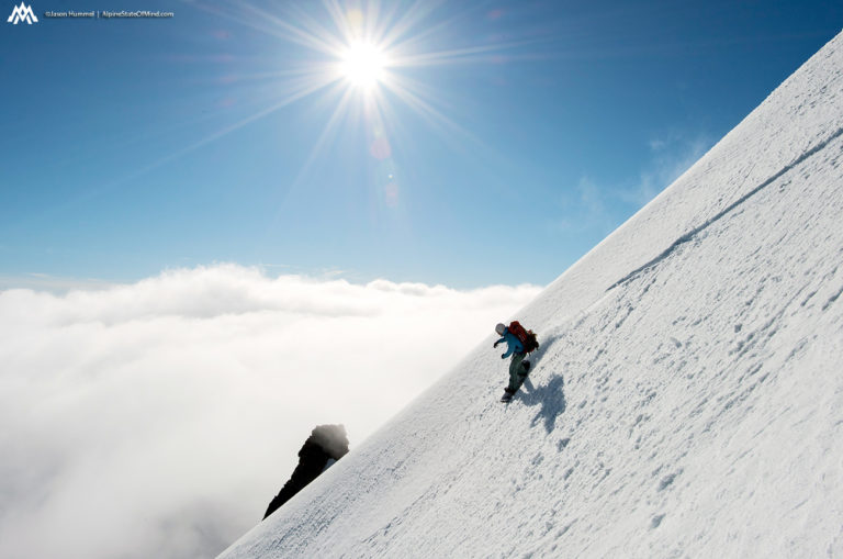 snowboarding Fortress Mountain in a sea of clouds on the Suiattle Traverse