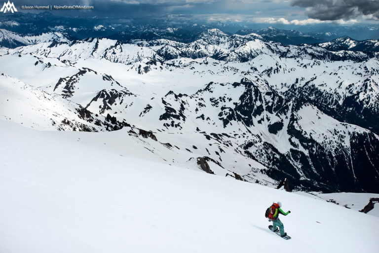 Riding off Glacier Peak and down the Sitkum glacier on the Suiattle Traverse