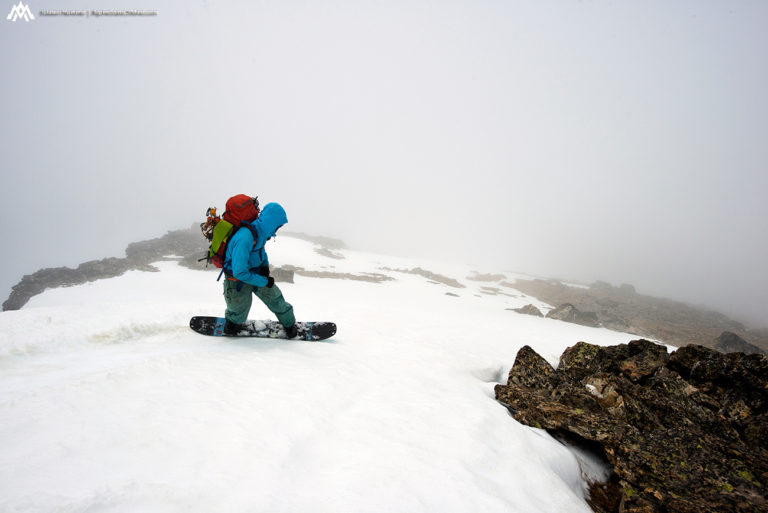 Snowboarding off Chiwawa Mountain during the Suiattle Traverse