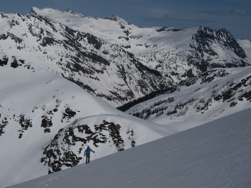 Ski touring up with Buck Mountain in the background