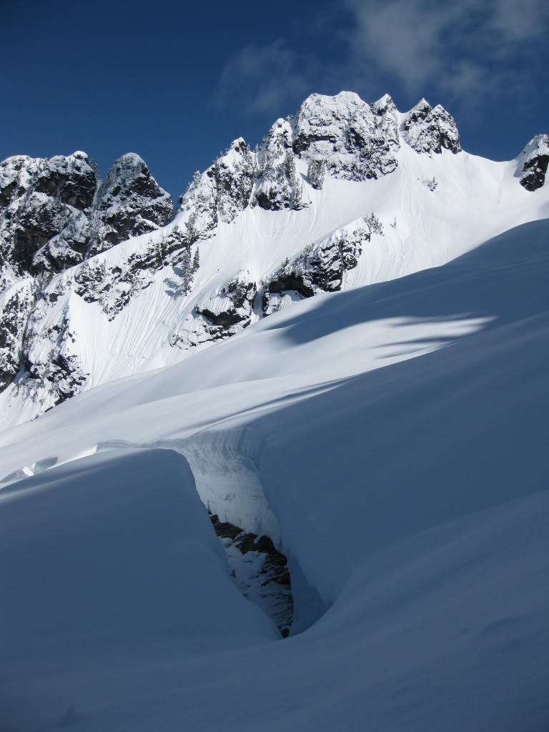 A massive stress crack in the snow pack on Whitehorse Mountain