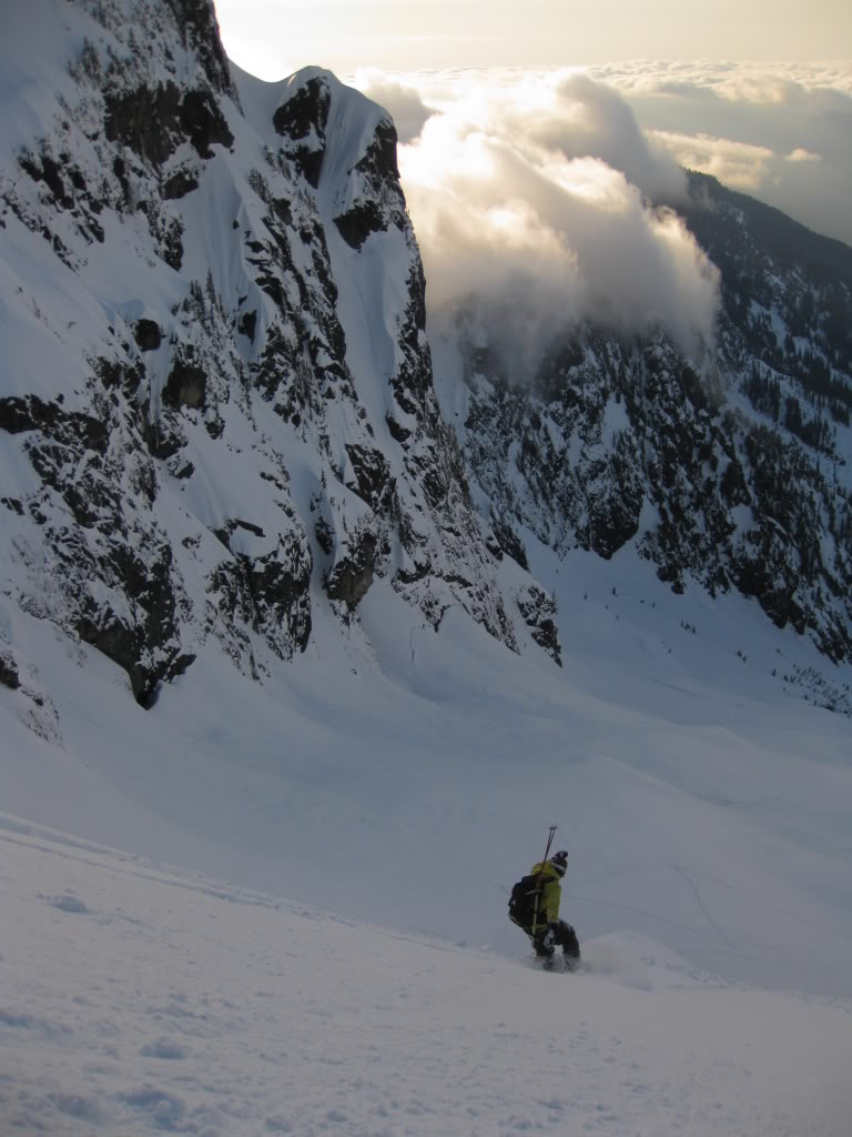 Snowboarding onto the North face of Whitehorse Mountain