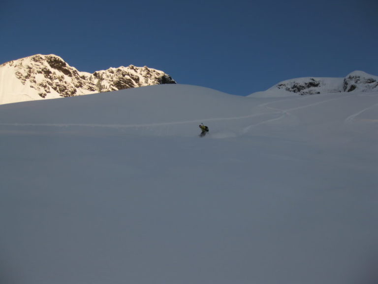 Riding down the north face as the sun is starting to set