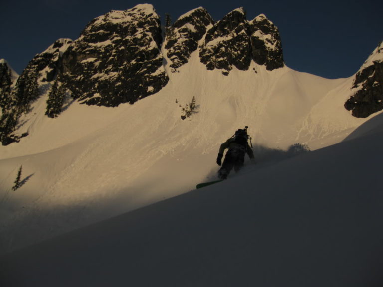 Sunset turns before a late night on the exit on Whitehorse Mountain