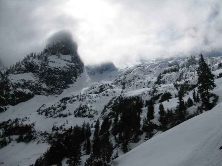 Looking up the glacially eroded North face of Whitehorse Mountain