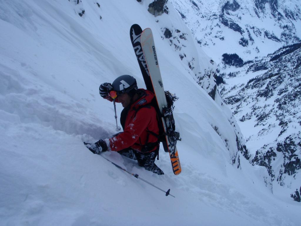 Nick making his way to the top of the Black Hole Couloir on Bandit Peak