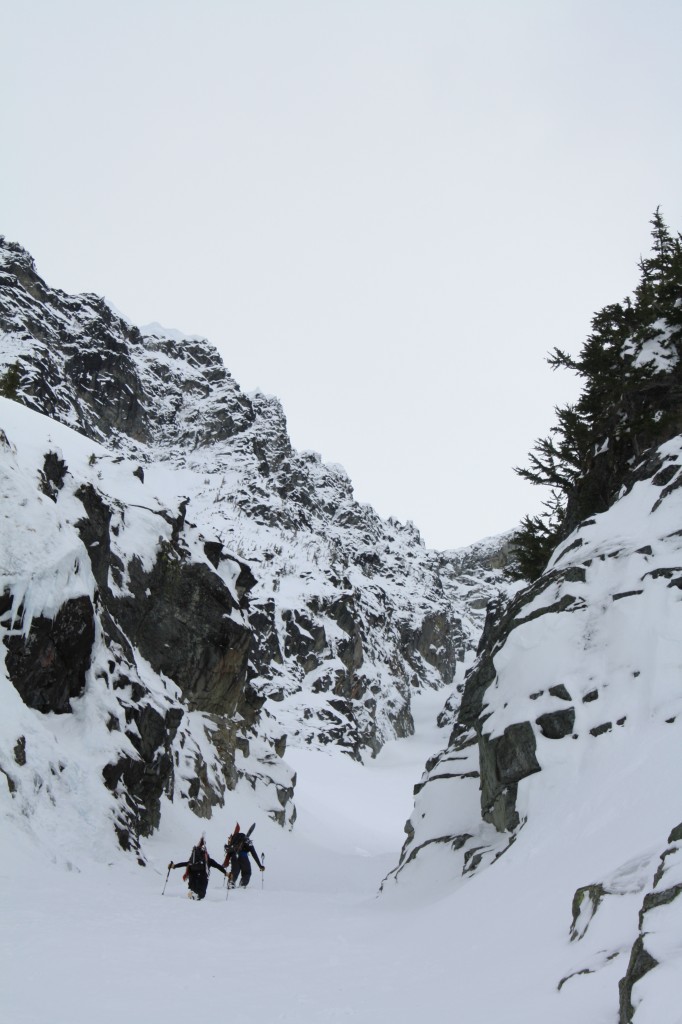 Getting into the main couloir of the Black Hole Couloir on Bandit Peak