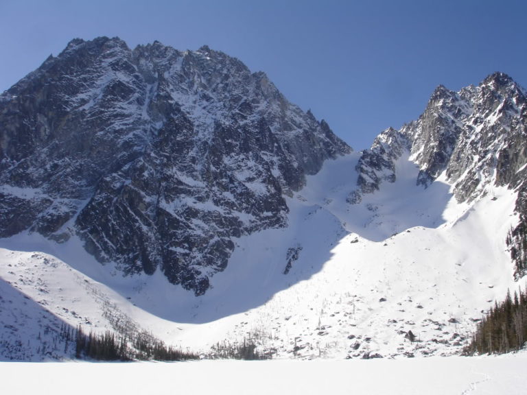 Dragontail Peak to the Left and Colchuck peak to the right with our Ascent up Colchuck glacier in the middle