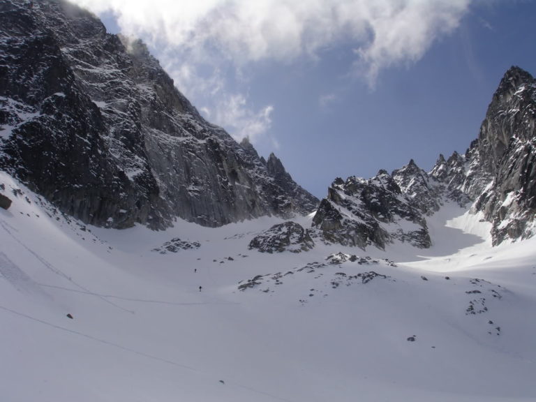 Skinning up Colchuck Glacier with Jeff and Scott in the distance