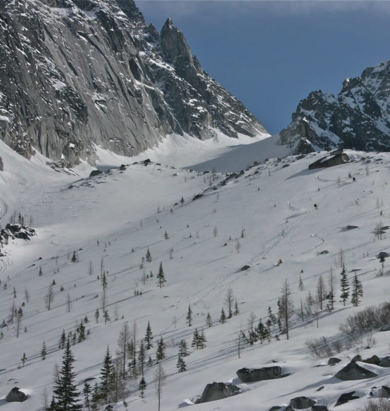 Scott, Dan and myself snowboarding down the lower apron from Dragontail Peak