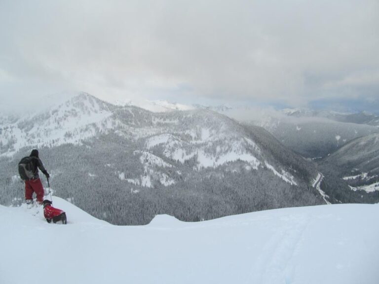 Scott and Kololo taking in the view of the Stevens Pass backcountry from Skyline Ridge