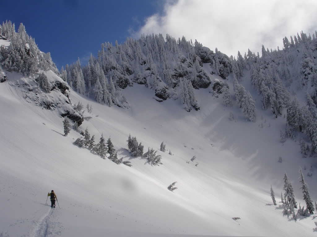 skining across the valley to access Chutla Saddle