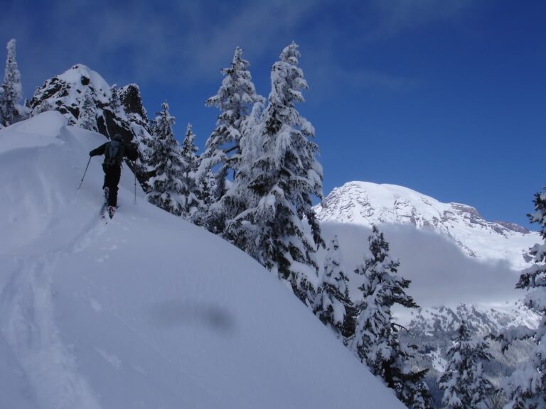 near the saddle and preparing to access a NE facing run to the base of Wahpenayo Peak