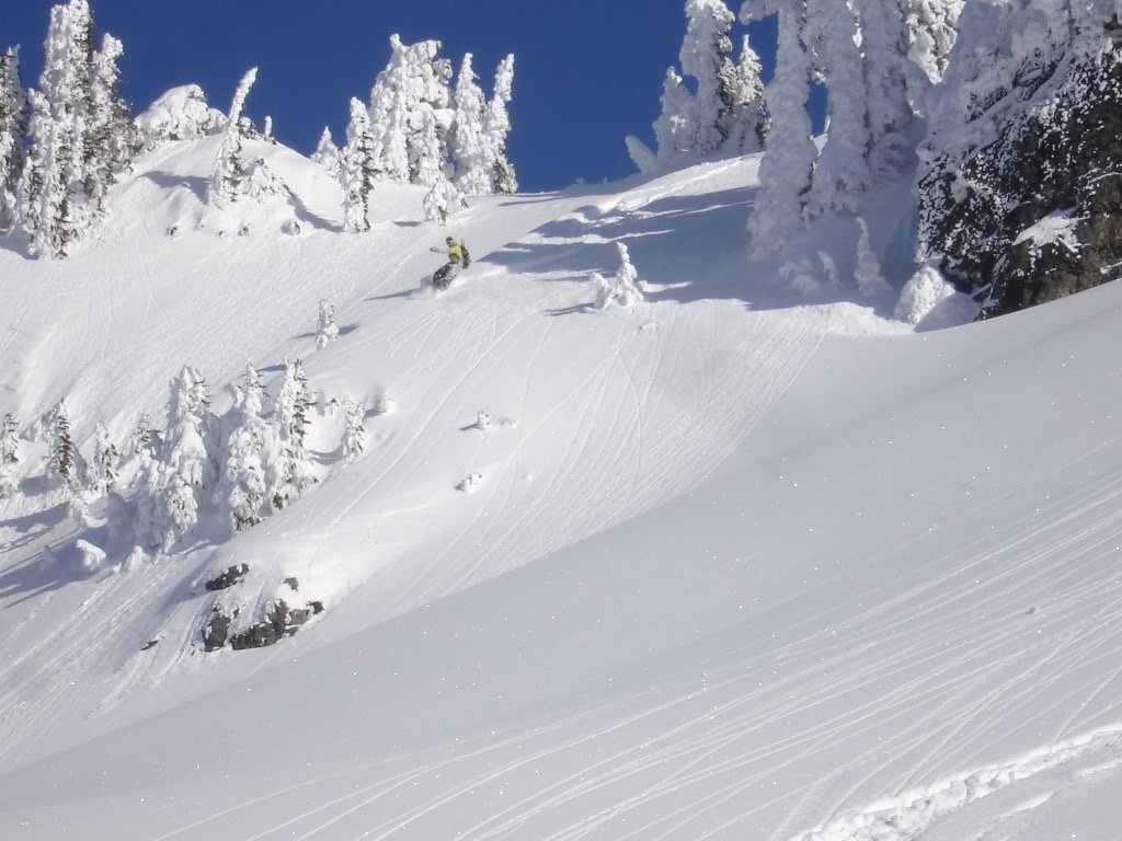 The first snowboard turns off Wahpenayo Peak