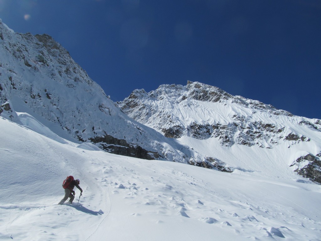 Scott getting to the Shrund at the base of the Northeast Couloir of Goode Mountain