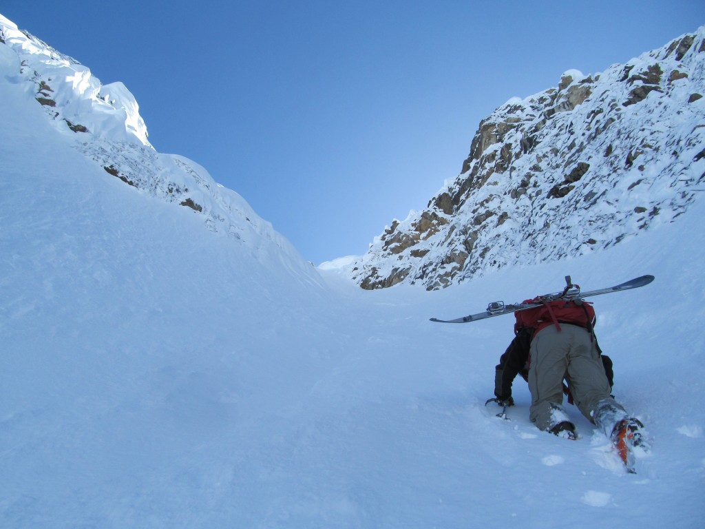 Climbing up the the Northeast Couloir of Goode Mountain