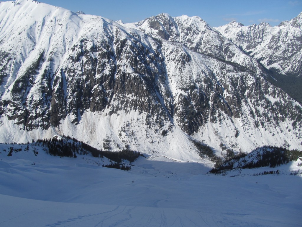 Snowboarding towards North Fork of Bridge Creek