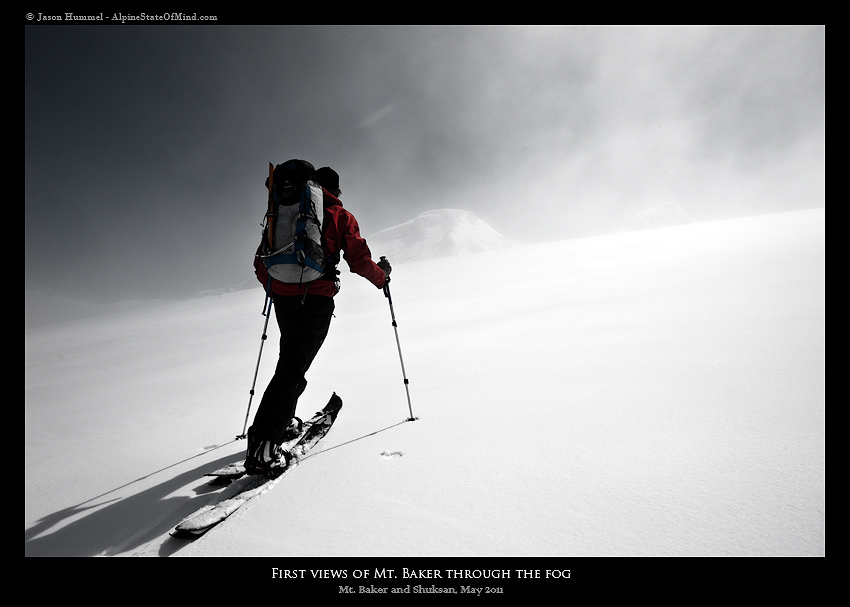 Making our way above the Fog bank at getting our first view of Mount Baker