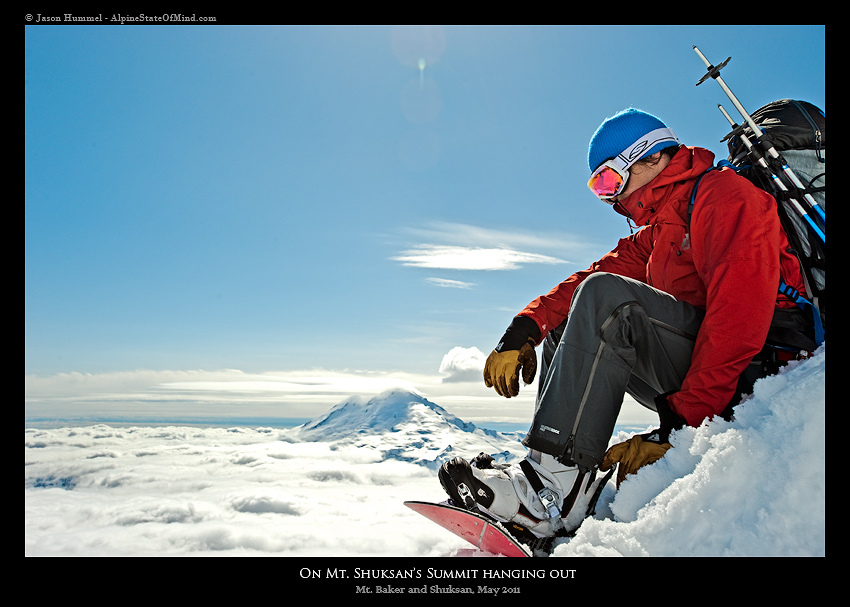 Getting ready to ride off the summit of Mount Shuksan