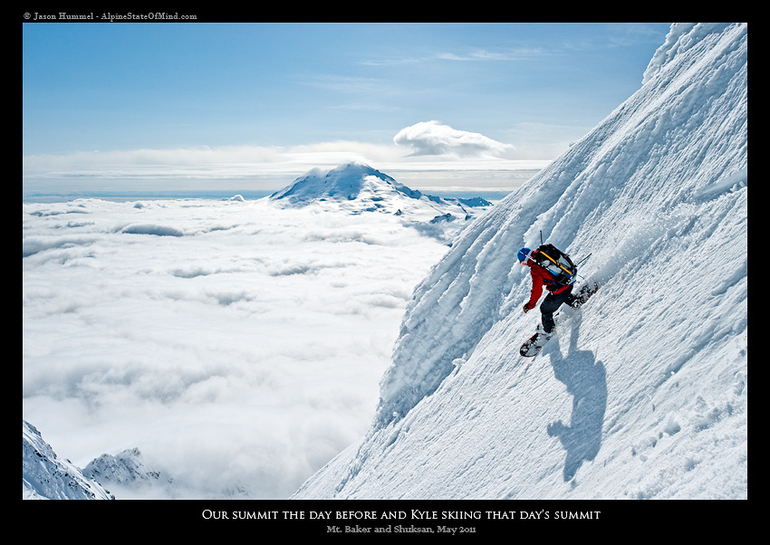 Snowboarding off the summit of Mount Shuksan