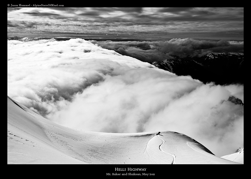 Snowboarding down Hell's highway with the North Cascades covered in clouds