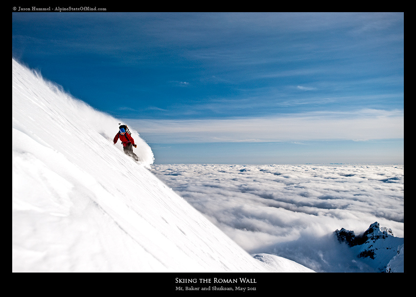 Snowboarding down the Roman Will of Mount Baker