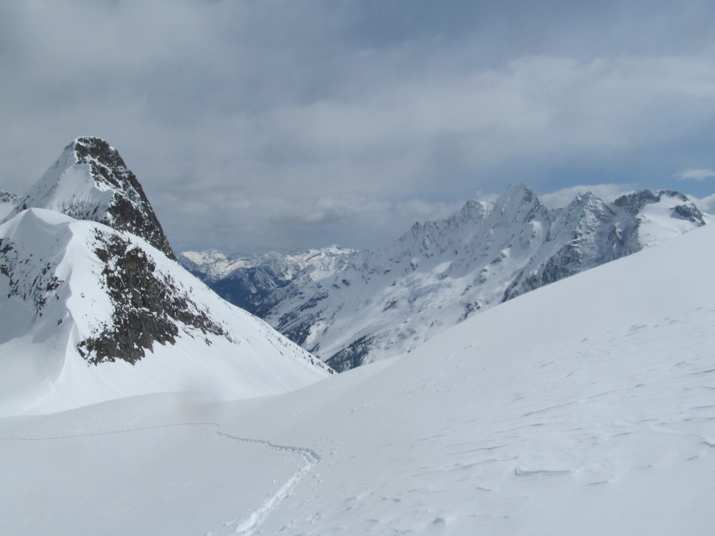 Reaching the Douglas Glacier col and looking back towards North Fork Bridge Creek