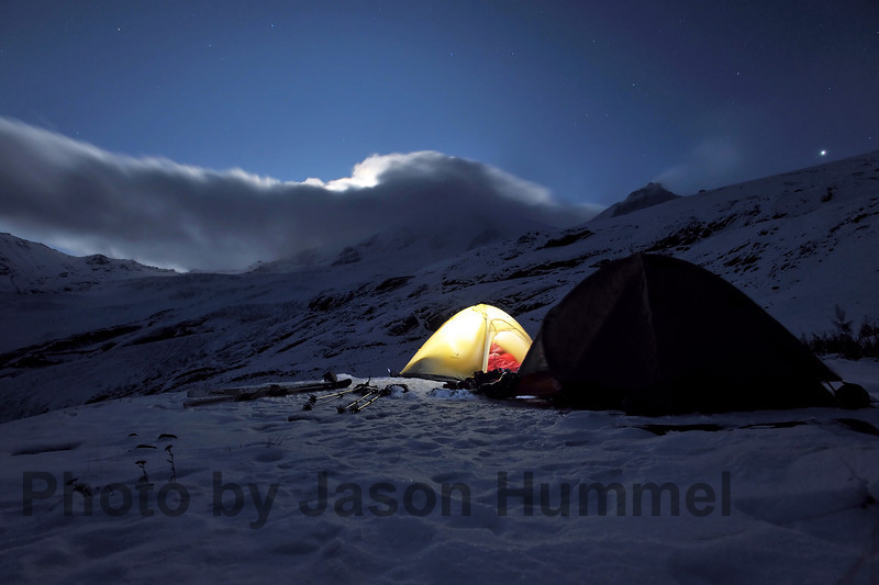 Enjoying our camp as Mount Baker is in the clouds