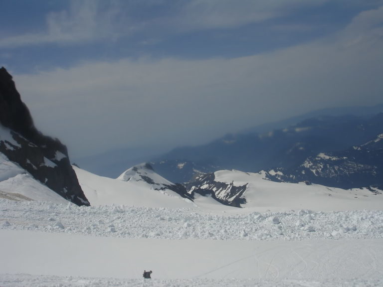 Riding towards the Colfax debris field on the Coleman Deming Route of Mount Baker