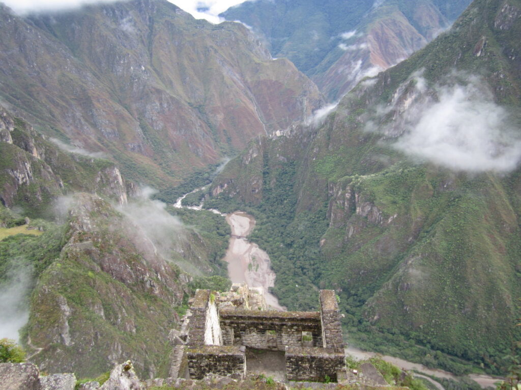 Looking down into the river valley from machu picchu