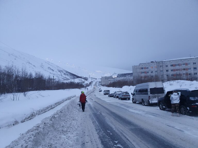 Walking back to Big Wood Ski resort after a day in the backcountry of the Khibiny Mountains