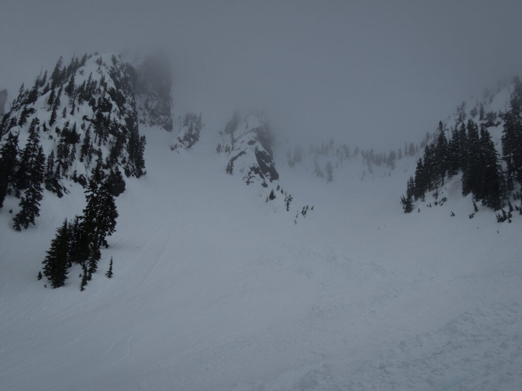 Looking back up the Kendall Peak Chutes in the Snoqualmie Pass backcountry