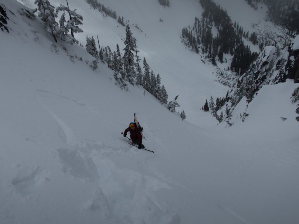 Climbing near the top of the Kendall Peak Chutes