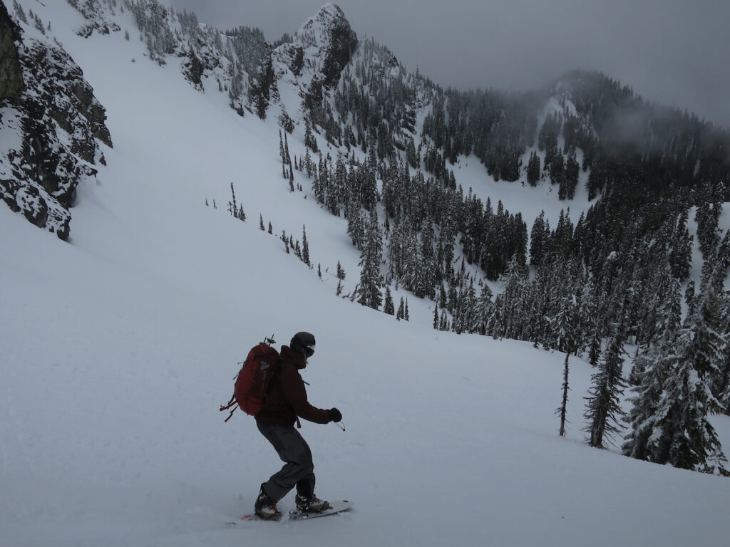 Heading down towards our next run on the upper right of this photo in the Snoqualmie Pass Backcountry