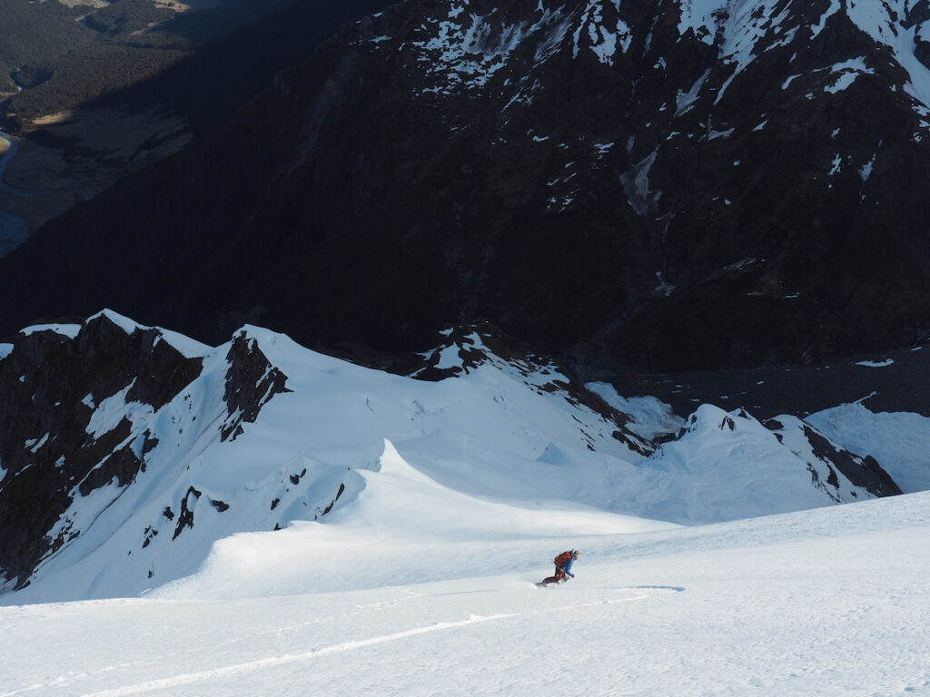 Snowboarding down Mount Barff in New Zealand