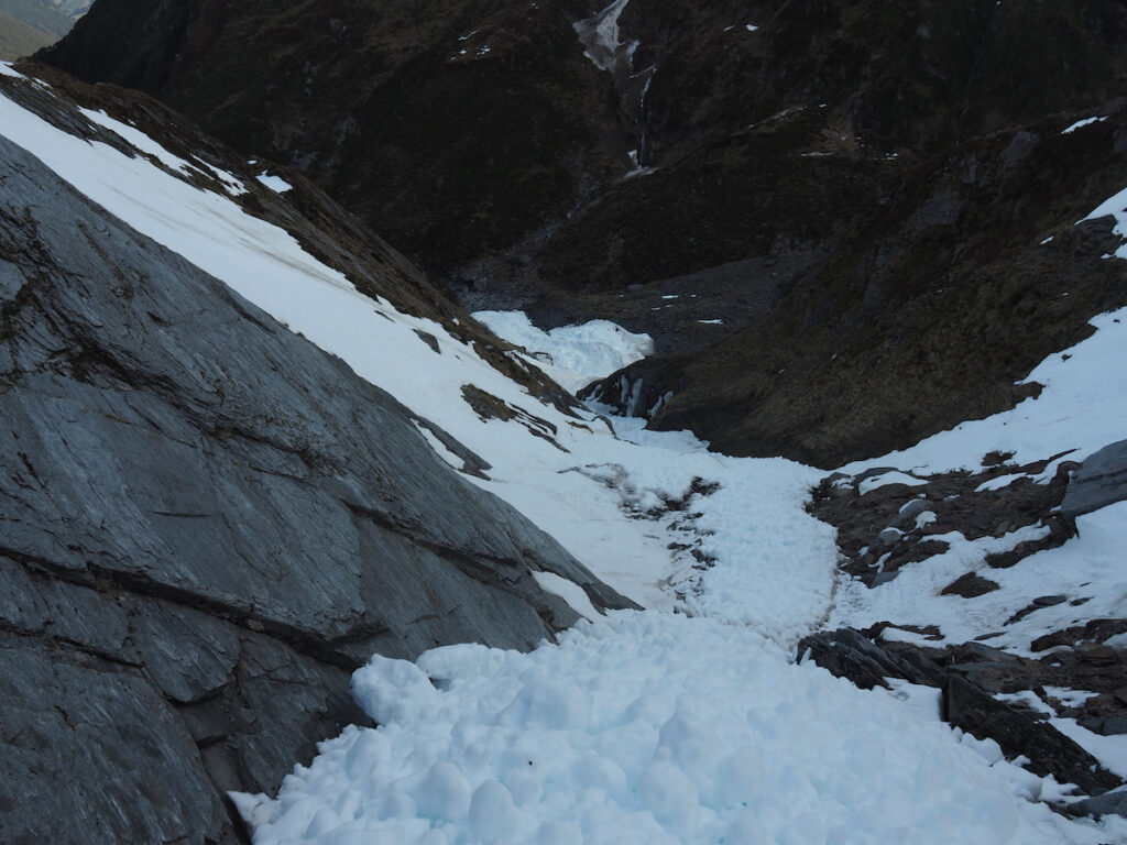 A avalanche debris filled gully below Mount Barff