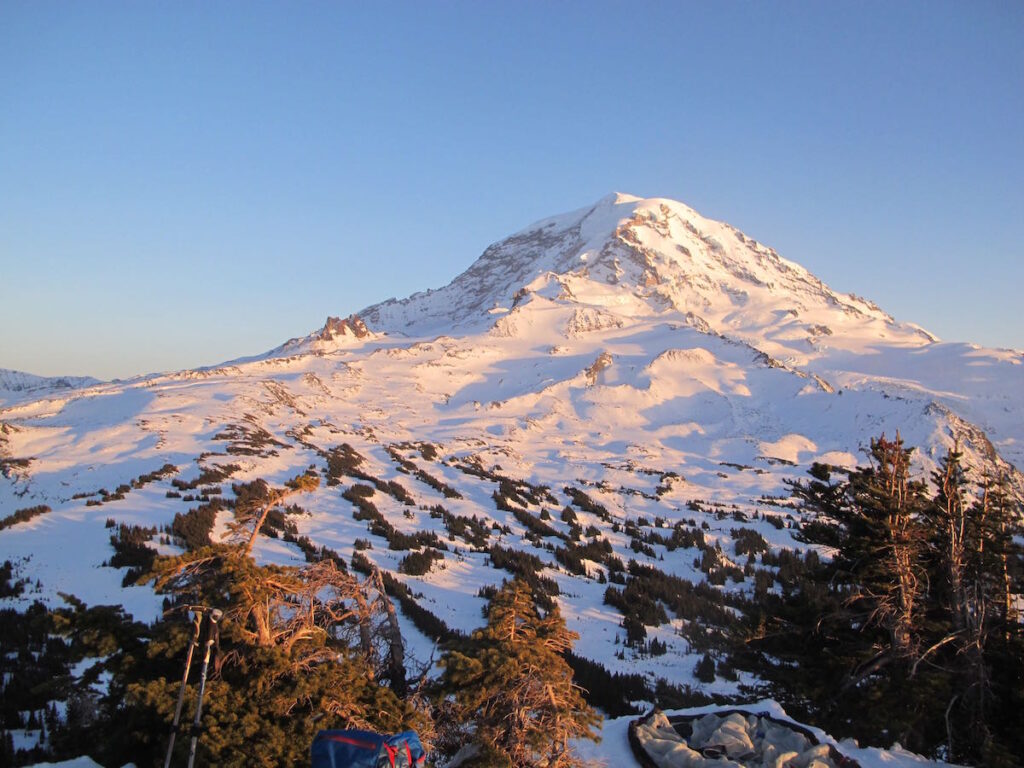 Sunset view of Mount Rainier while camping on Mount Pleasant