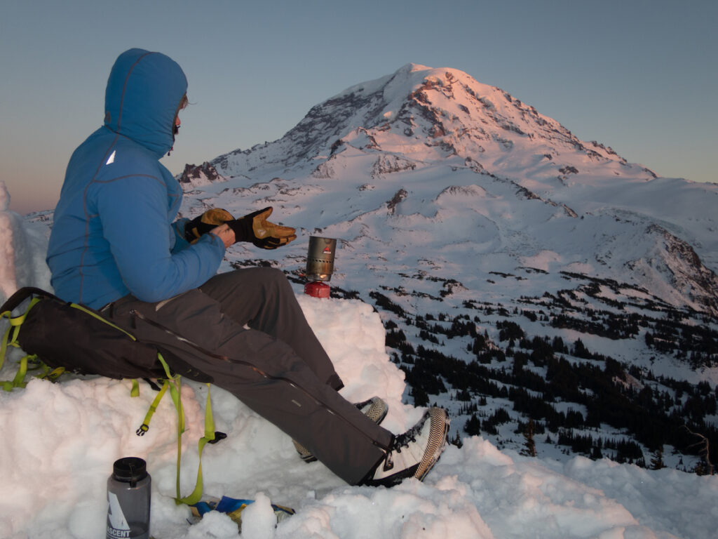 Cooking food while camping on the summit of Mount Pleasant in Mount Rainier National Park