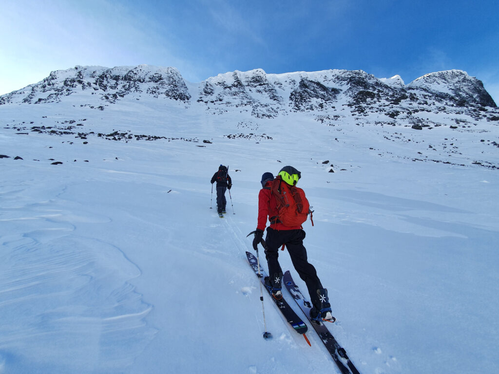Ski touring towards some nice looking couloirs