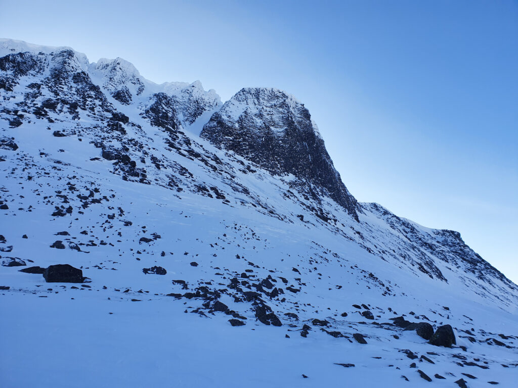 Looking up towards our final ski run in Revda