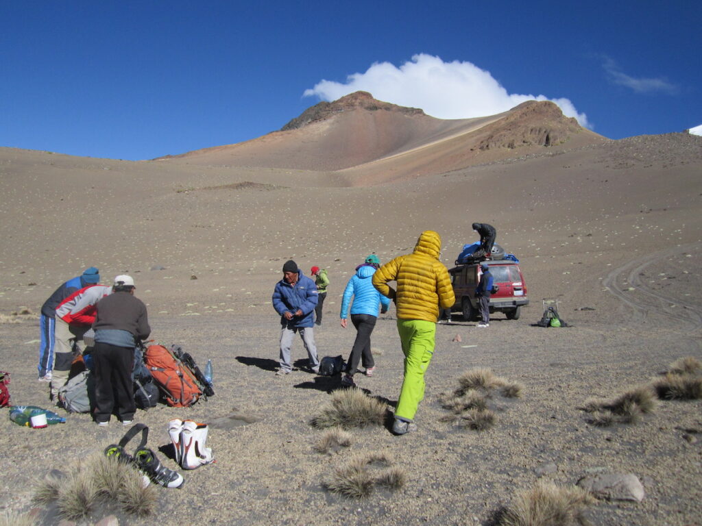 Getting our gear off the truck in Sajama National Park to do some Snowboarding in Bolivia