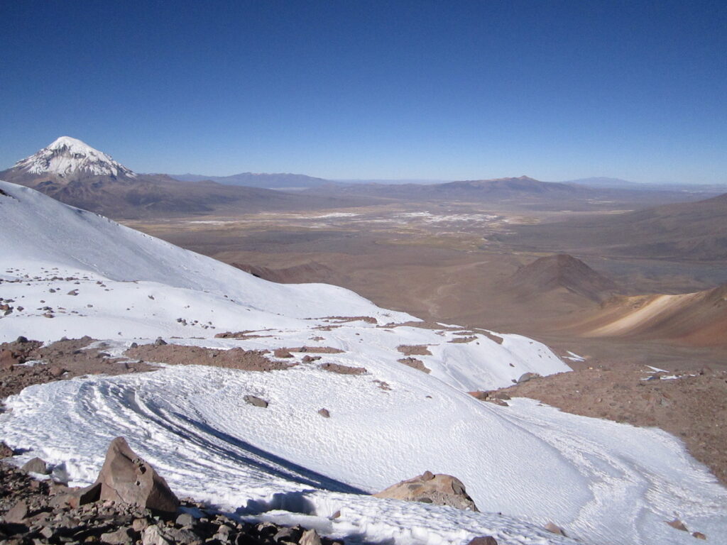 Looking down at an area we were Snowboarding in Bolivia