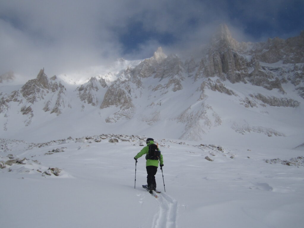 Doing some ski touring while snowboarding in Argentiina